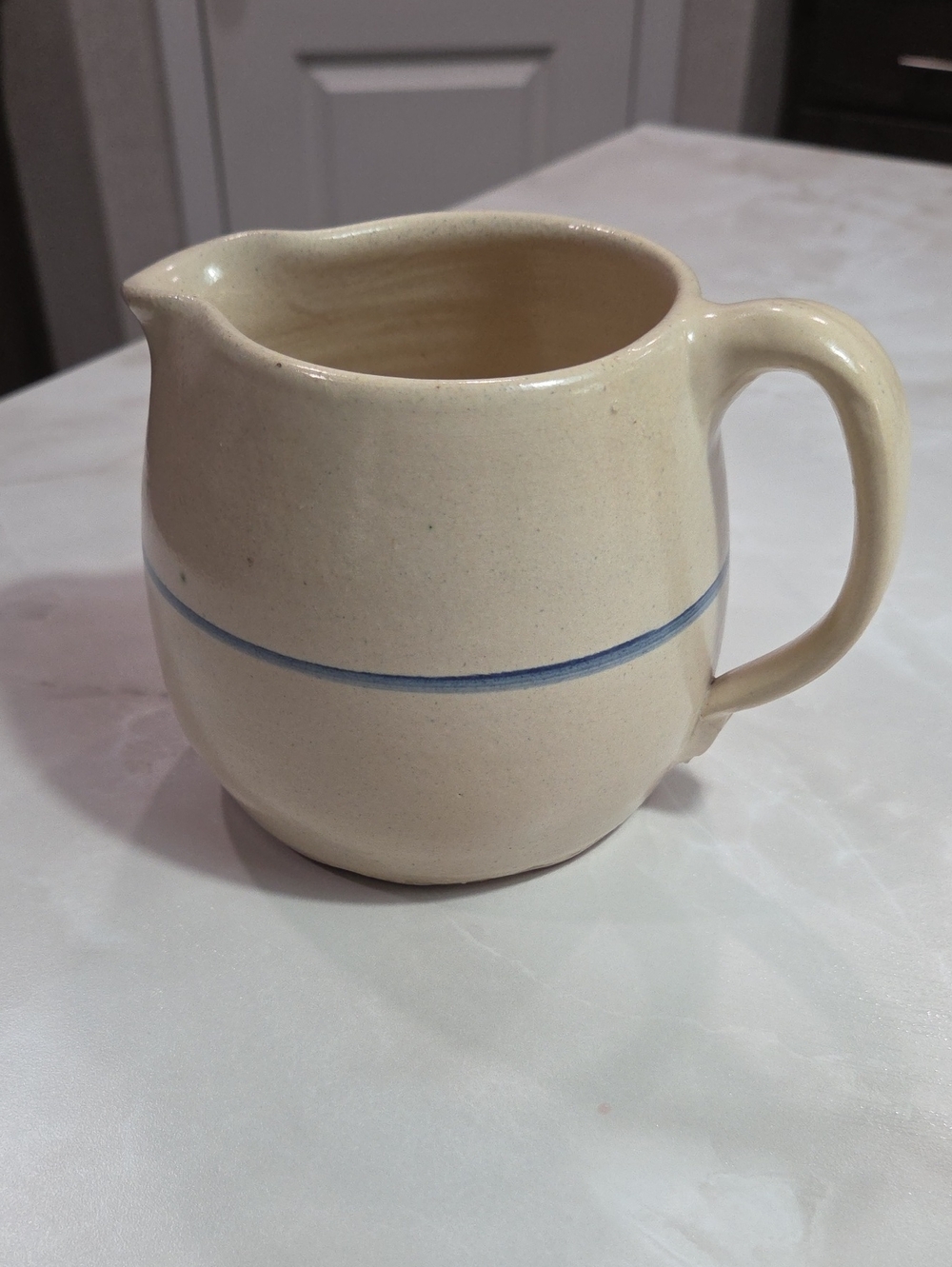 Cream Ceramic Pitcher with Blue Accent - Home Art